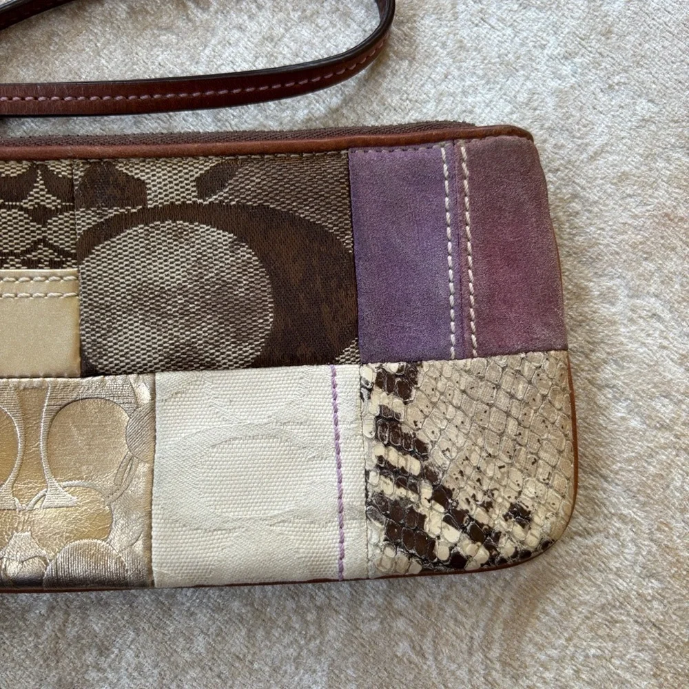 Coach Patchwork Zippered Wristlet Signature C Leather Suede Metallic Snakeskin
